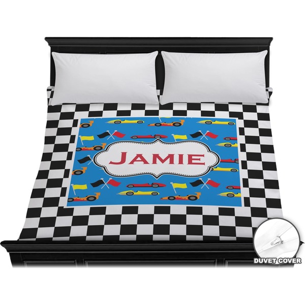 Custom Checkers & Racecars Duvet Cover - King (Personalized)
