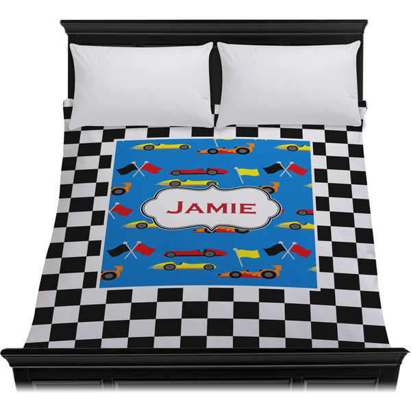 Checkers & Racecars Duvet Cover - Queen - On Bed - No Prop