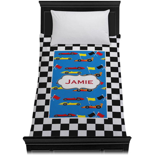 Checkers & Racecars Duvet Cover - Twin - On Bed - No Prop