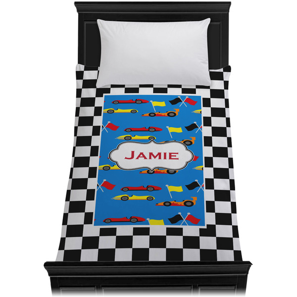 Checkers & Racecars Duvet Cover - Twin XL - On Bed - No Prop