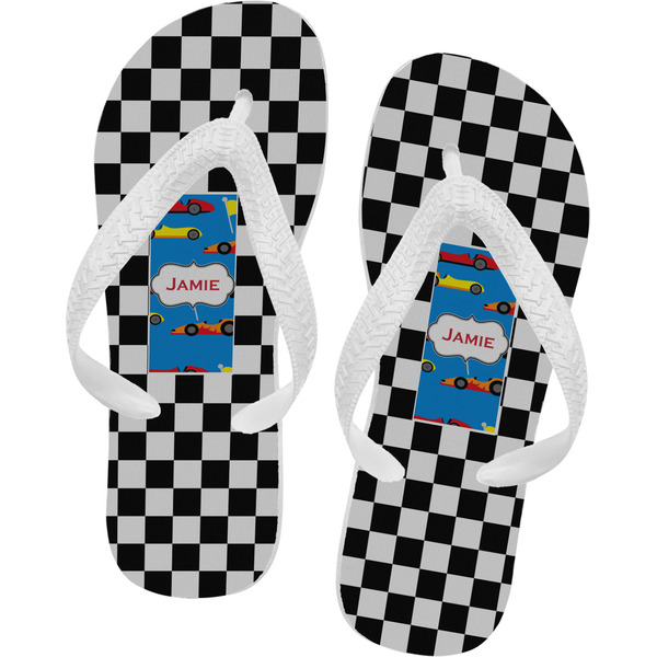 Custom Checkers & Racecars Flip Flops - Medium (Personalized)