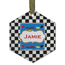 Checkers & Racecars Flat Glass Ornament - Hexagon w/ Name or Text