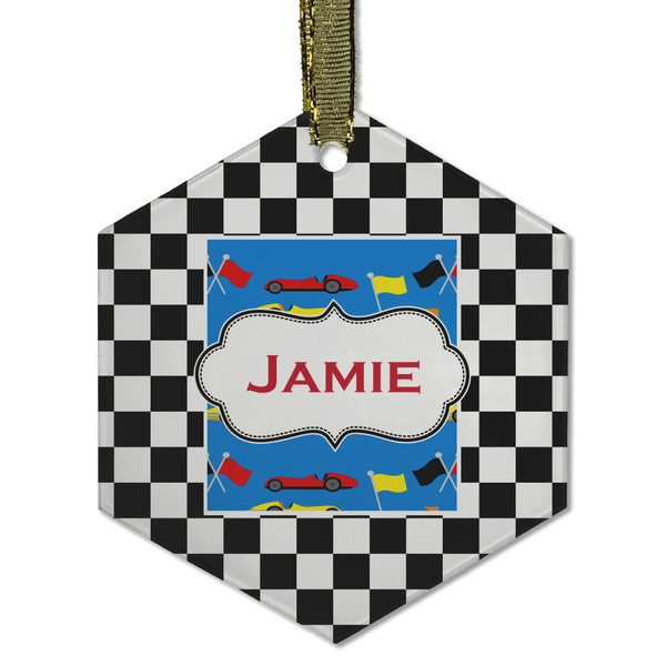 Custom Checkers & Racecars Flat Glass Ornament - Hexagon w/ Name or Text