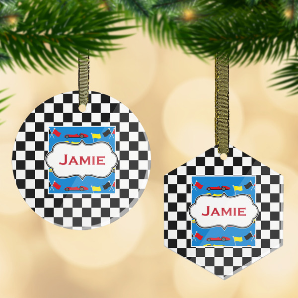 Custom Checkers & Racecars Flat Glass Ornament w/ Name or Text