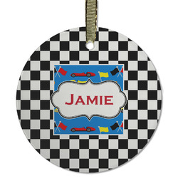 Checkers & Racecars Flat Glass Ornament - Round w/ Name or Text