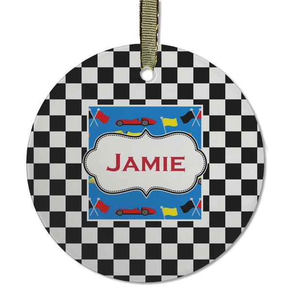 Custom Checkers & Racecars Flat Glass Ornament - Round w/ Name or Text