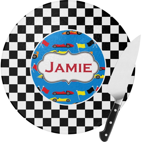 Custom Checkers & Racecars Round Glass Cutting Board - Medium (Personalized)