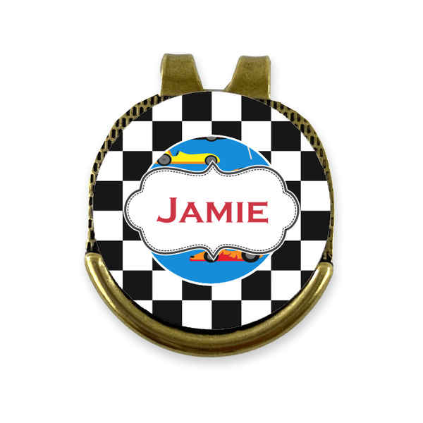 Custom Checkers & Racecars Golf Ball Marker - Hat Clip - Gold