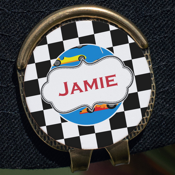 Checkers & Racecars Golf Ball Marker Hat Clip - Gold - Close Up