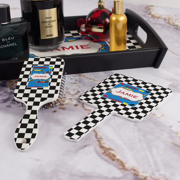 Checkers & Racecars Hair Brush and Hand Mirror - Bathroom Scene