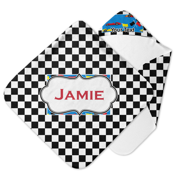 Custom Checkers & Racecars Hooded Baby Towel (Personalized)