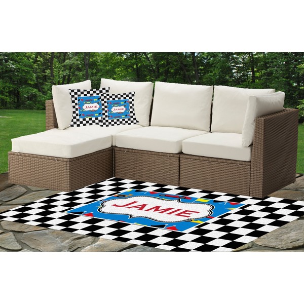 Custom Checkers & Racecars Indoor / Outdoor Rug - Custom Size w/ Name or Text