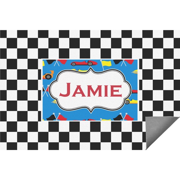 Custom Checkers & Racecars Indoor / Outdoor Rug - 6'x8' w/ Name or Text