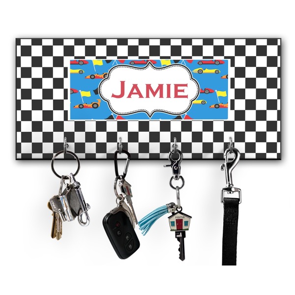 Custom Checkers & Racecars Key Hanger w/ 4 Hooks w/ Name or Text