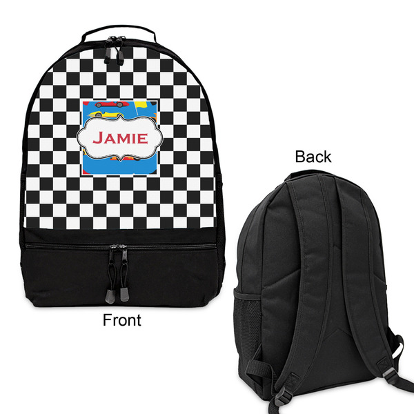 Checkers & Racecars Large Backpack - Black - Front & Back View