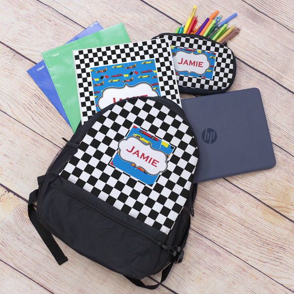 Checkers & Racecars Large Backpack - Black - With Stuff