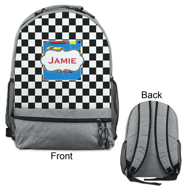 Checkers & Racecars Large Backpack - Gray - Front & Back View