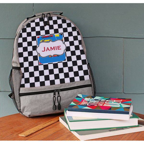 Checkers & Racecars Large Backpack - Gray - On Desk