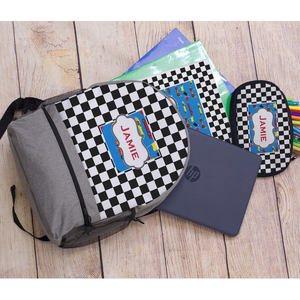 Checkers & Racecars Large Backpack - Gray - With Stuff