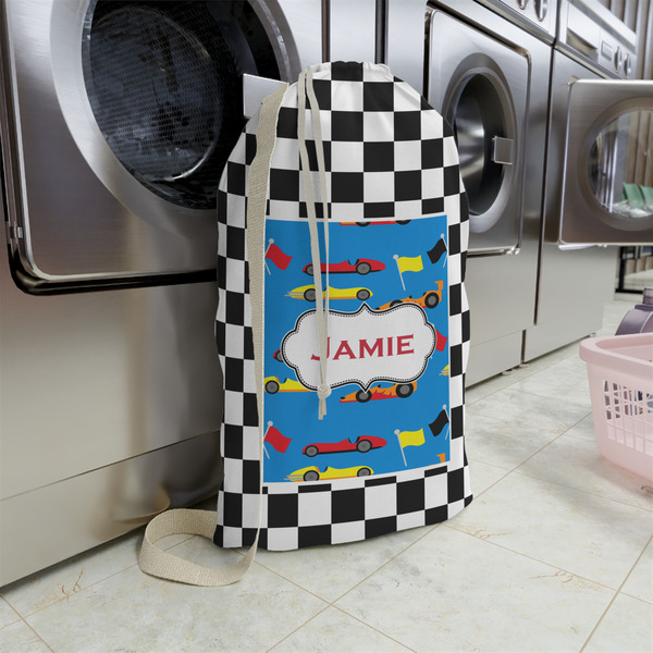 Checkers & Racecars Large Laundry Bag - In Context