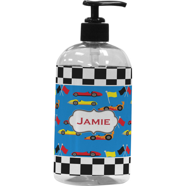 Custom Checkers & Racecars Plastic Soap / Lotion Dispenser (16 oz - Large - Black) (Personalized)