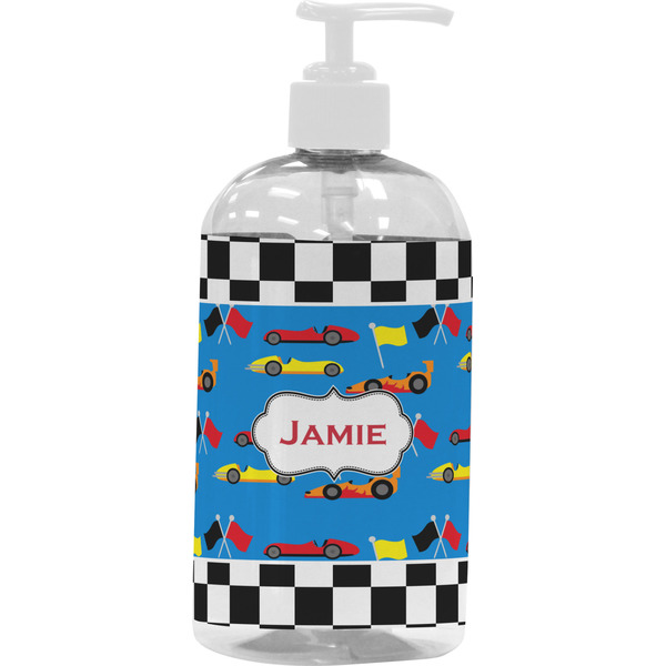 Custom Checkers & Racecars Plastic Soap / Lotion Dispenser (16 oz - Large - White) (Personalized)