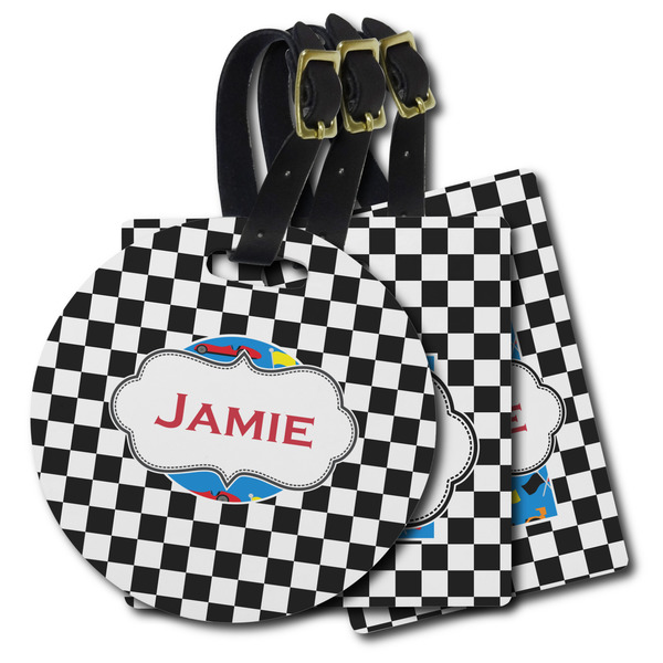Custom Checkers & Racecars Plastic Luggage Tag (Personalized)