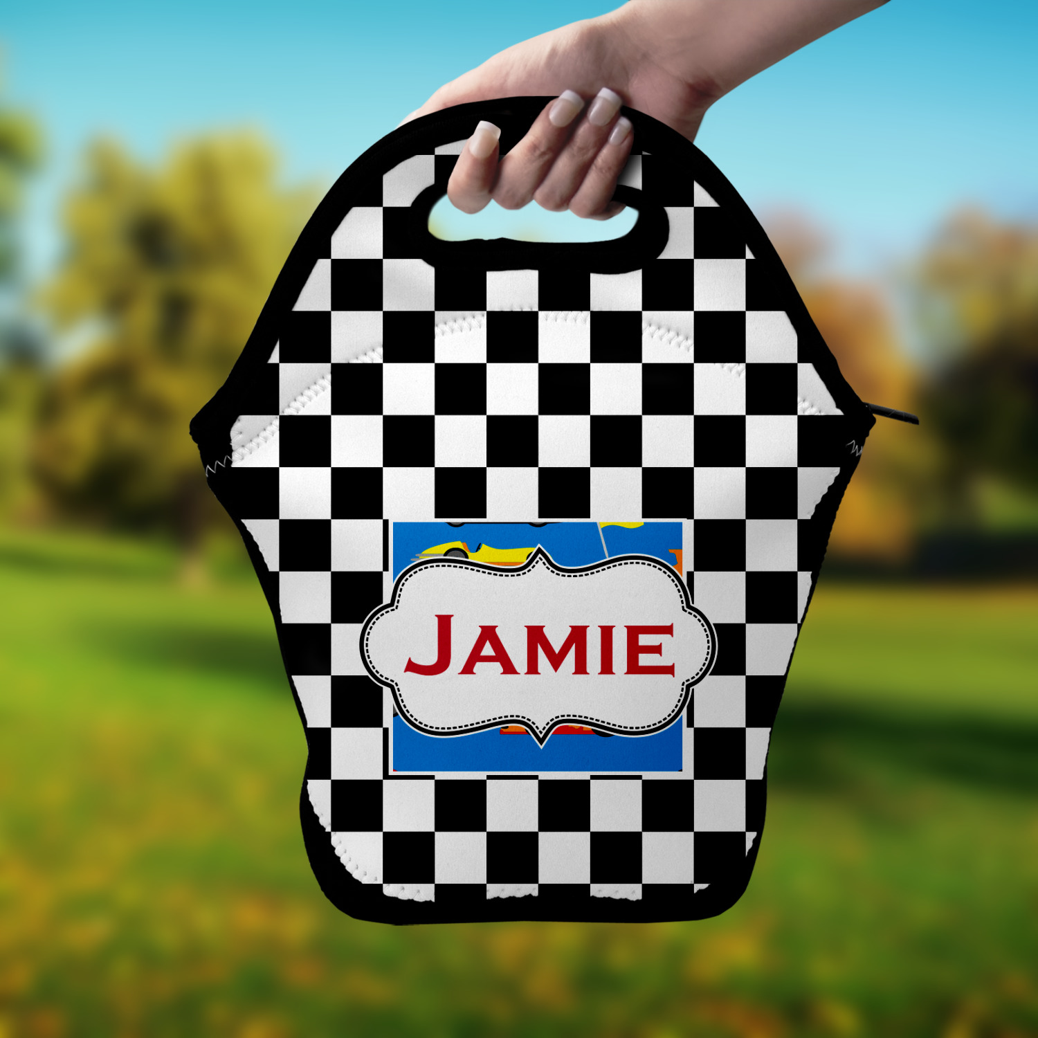 Custom Checkers & Racecars Lunch Bag w/ Name or Text YouCustomizeIt