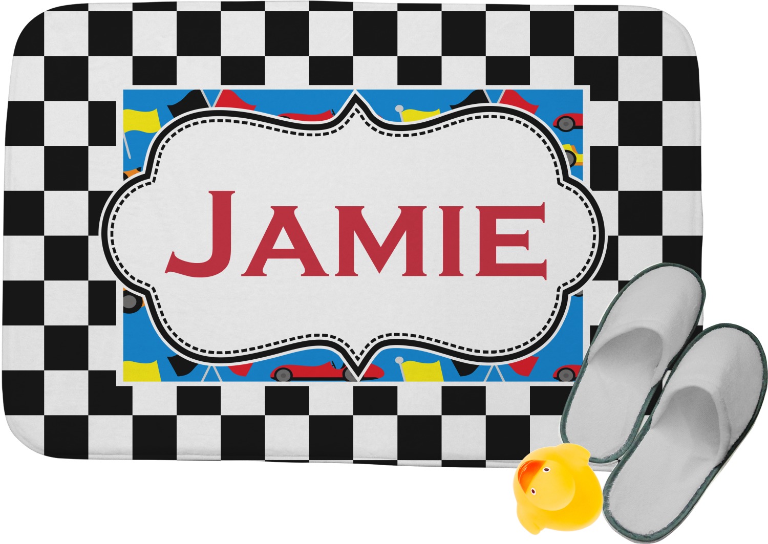 Custom Checkers & Racecars Memory Foam Bath Mat (Personalized