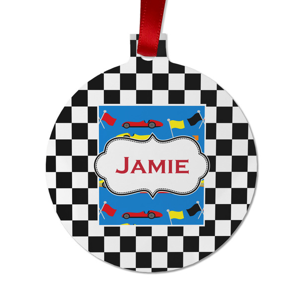 Custom Checkers & Racecars Metal Ball Ornament - Double Sided w/ Name or Text