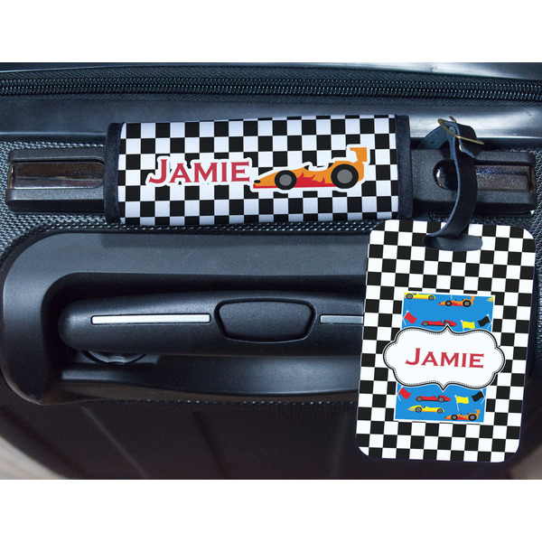 Checkers & Racecars Metal Luggage Tag & Handle Wrap - In Context