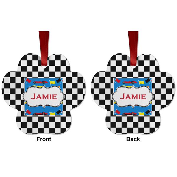 Checkers & Racecars Metal Paw Ornament - Front and Back