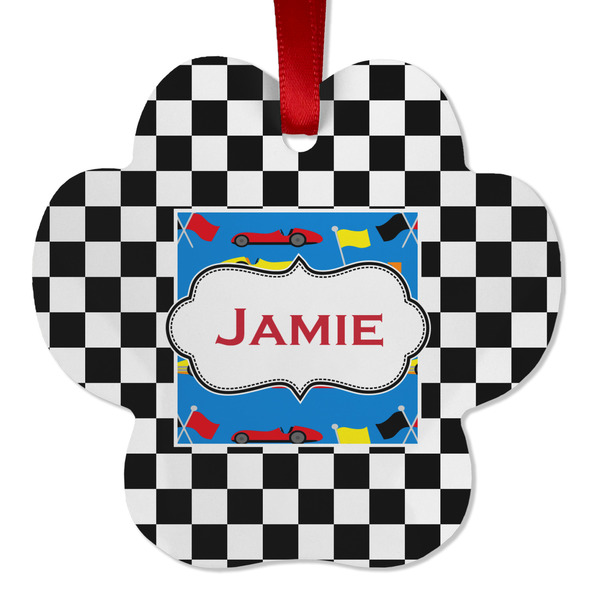 Custom Checkers & Racecars Metal Paw Ornament - Double Sided w/ Name or Text