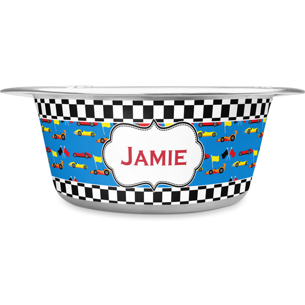 Custom Checkers & Racecars Stainless Steel Dog Bowl - Large (Personalized)