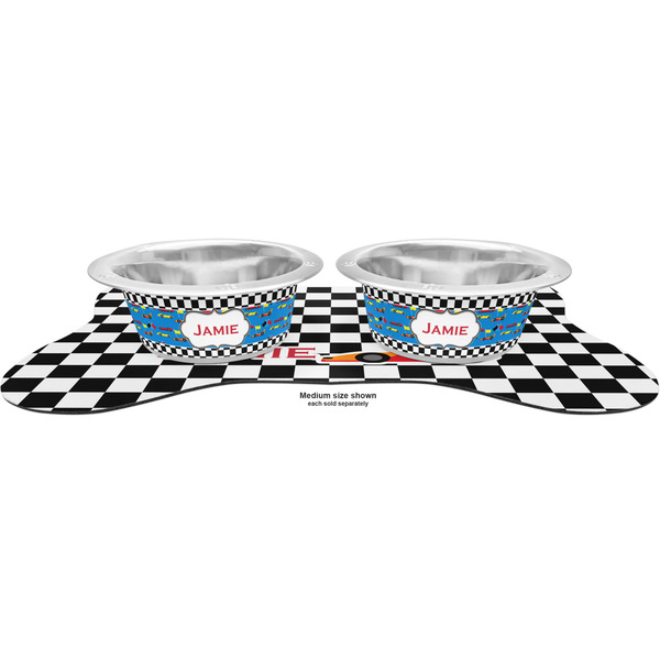 Checkers & Racecars Metal Pet Bowls - On Dog Bone Shaped Mat