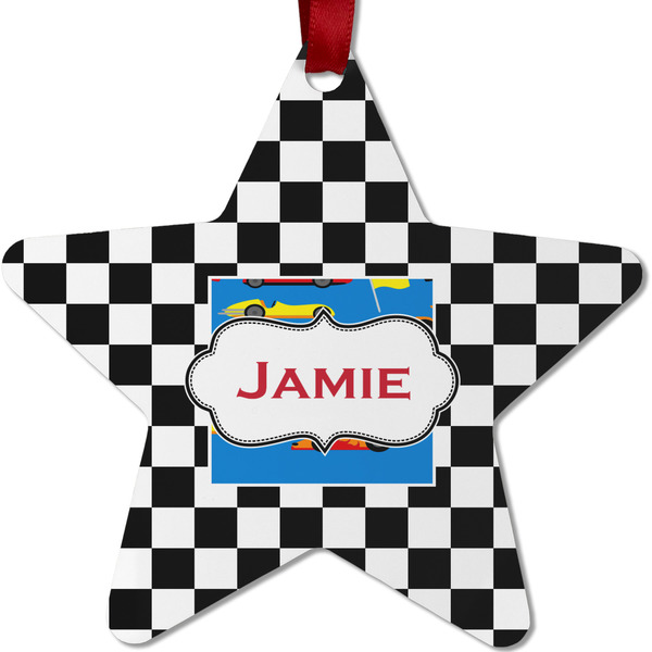 Custom Checkers & Racecars Metal Star Ornament - Double Sided w/ Name or Text