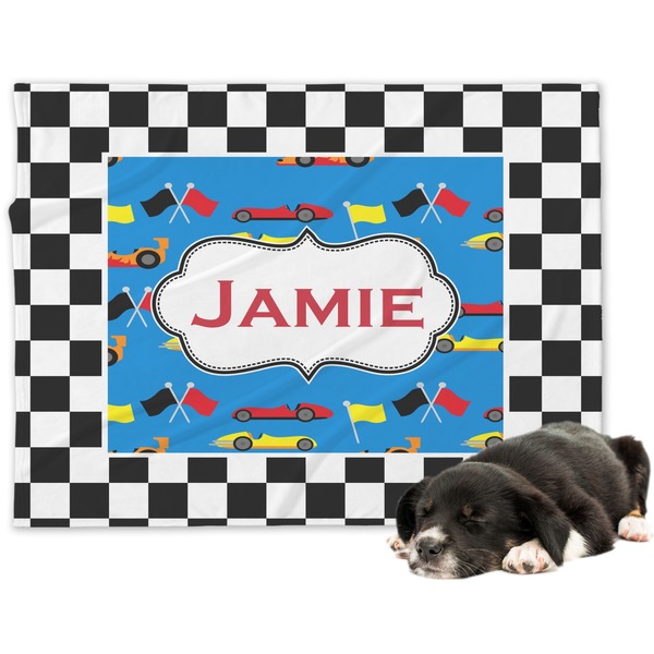 Custom Checkers & Racecars Dog Blanket - Large (Personalized)