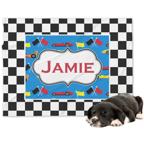 Custom Checkers & Racecars Dog Blanket (Personalized)