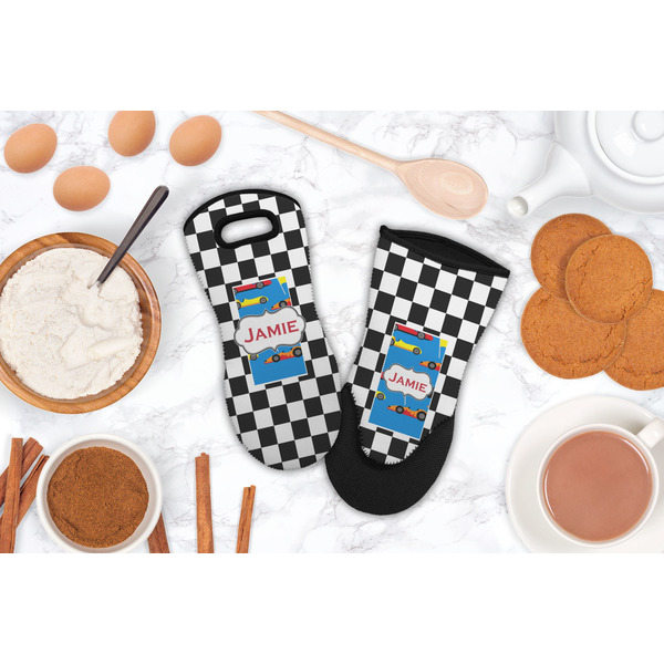 Checkers & Racecars Neoprene Oven Mitt - Lifestyle Image