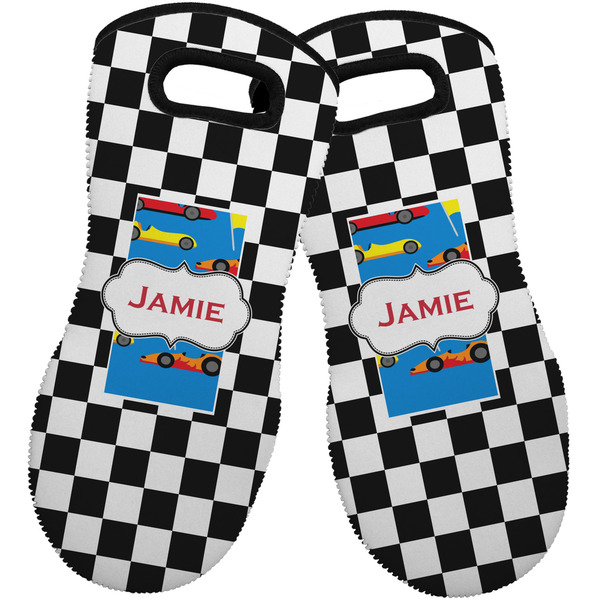 Custom Checkers & Racecars Neoprene Oven Mitts - Set of 2 w/ Name or Text