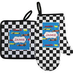 Checkers & Racecars Oven Mitt & Pot Holder Set w/ Name or Text