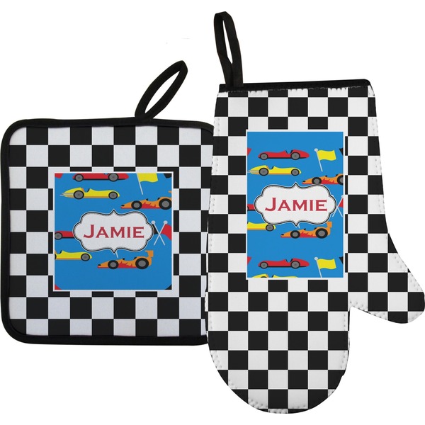 Custom Checkers & Racecars Right Oven Mitt & Pot Holder Set w/ Name or Text