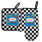 Checkers & Racecars Left Oven Mitt & Pot Holder Set w/ Name or Text