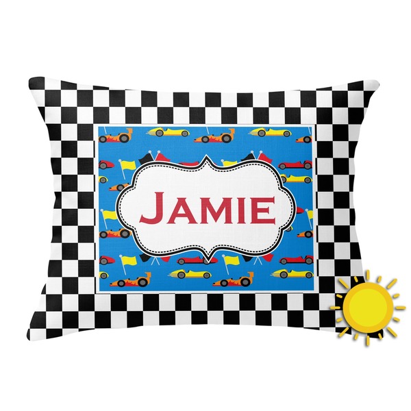 Custom Checkers & Racecars Outdoor Throw Pillow (Rectangular) (Personalized)