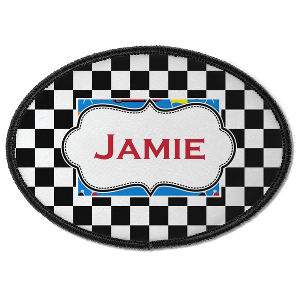 Custom Checkers & Racecars Iron On Oval Patch w/ Name or Text