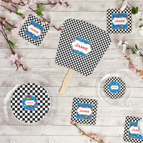 Checkers & Racecars Party Supplies Combination Image - All items - Plates, Coasters, Fans