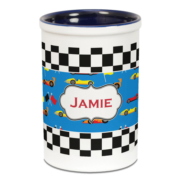 Custom Checkers & Racecars Ceramic Pencil Holders - Blue