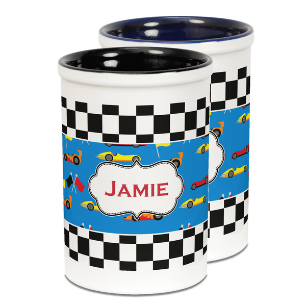 Custom Checkers & Racecars Ceramic Pencil Holder - Large