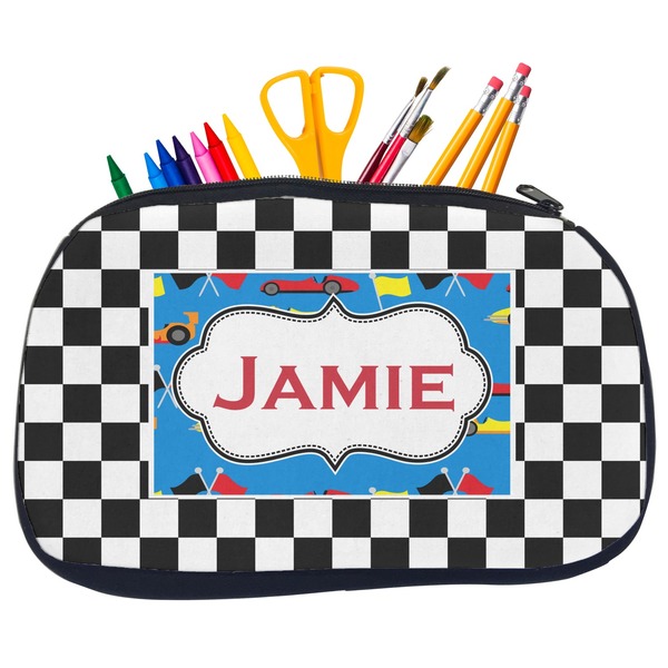Custom Checkers & Racecars Neoprene Pencil Case - Medium w/ Name or Text