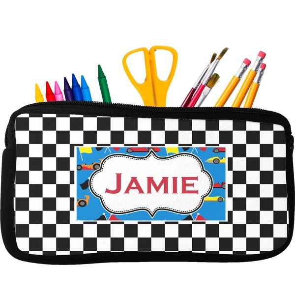 Custom Checkers & Racecars Neoprene Pencil Case - Small w/ Name or Text
